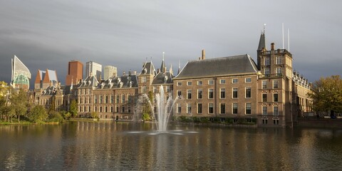 Naklejka premium Binnenhof, skyscrapers at the back, The Hague, Holland, The Netherlands, Europe