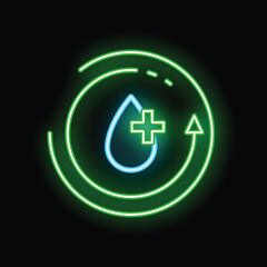 Obraz premium Neon sign representing a water drop with a medical cross inside a circular arrow, symbolizing the concept of water purification