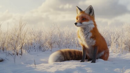 Fototapeta premium Red Fox Sitting in the Snow with a Fluffy Winter Coat