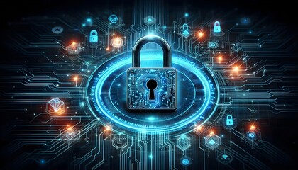 A futuristic digital padlock with neon blue circuits, representing online security and data encryption, surrounded by cyber network lines and glowing security icons.