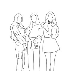 Line art of 3 women in a simple pose. vector illustration. 