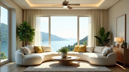 Serene Lakeside Living Room with Curved Sofa and Panoramic View