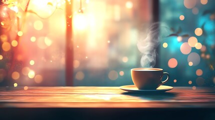 Warm cup of coffee with cozy ambiance.