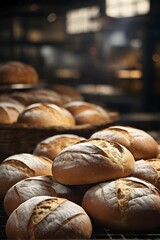 Fresh loaves of bread dominate the foreground of an industrial bakery, AI generated