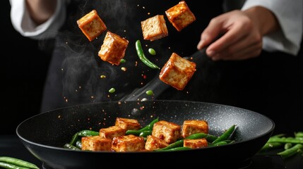 Chef tossing tofu and green beans in a wok.