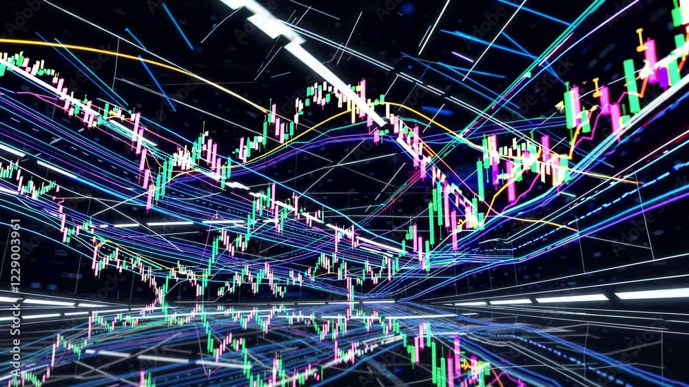 Poster A cinematic VR scene with interactive stock market graph lines, glowing arrows, and real-time data flows, set in a sleek, high-tech digital space.
