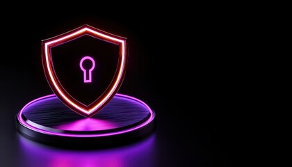 A glowing neon shield symbolizing security and protection against digital threats in a dark environment.