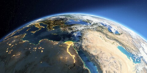 Highly detailed Earth with atmosphere, exaggerated relief and light-flooded cities. Transition from night to day. Africa and Middle East. 3D rendering. Elements of this image furnished by NASA