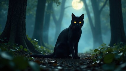 A Mysterious Black Feline Silhouetted Against a Misty Forest Path Underneath an Enchanting Moonlit Night
