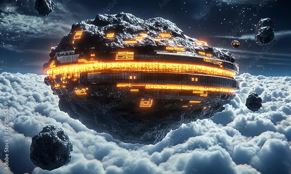 Poster futuristic spaceship above clouds, asteroid field