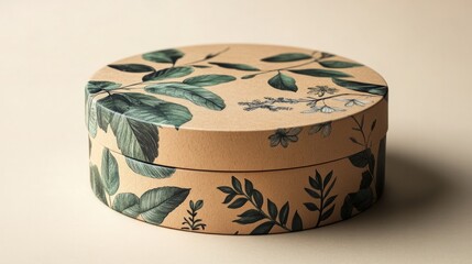 A circular paper gift box with hand-drawn botanical illustrations on a kraft paper background