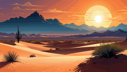 Desert Sunset with Mountains and Cactus