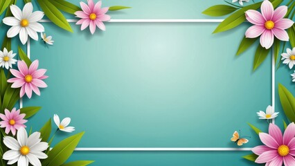 Obraz premium Colorful floral frame with daisies and leaves on a vibrant teal background