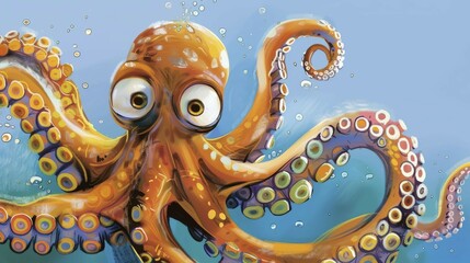 Fototapeta premium A goofy octopus surrounded by bubbles expresses playfulness in an underwater setting, AI generated