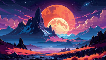 Fantasy Mountain Landscape with Vibrant Moonrise