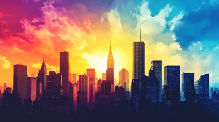 Fototapeta premium A city skyline with a sunset in the background. The sun is setting behind the buildings. The sky is filled with clouds