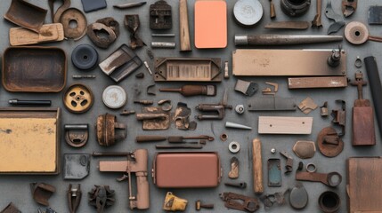 Fototapeta premium Flat lay of assorted rusty metal, wood, and plastic objects on a gray surface.