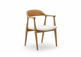 A stylish modern wooden chair with curved armrests and a white cushioned seat isolated on a white background