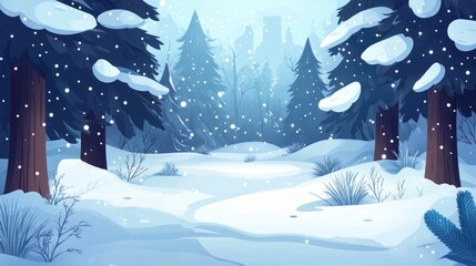 Snowy winter forest scene with falling snow.