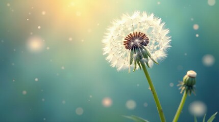 Obraz premium Serene Dandelion Seed Head in Soft-Focus Sunlight, Glowing with Gentle Bokeh and Delicate Airy Particles, Peaceful Nature Scene