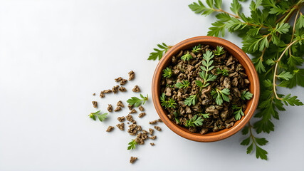 Dried oregano in bowl and green leaves on light grey table, top view. Space for text. Generative AI