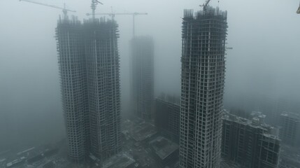 Fototapeta premium Foggy cityscape with high-rise buildings under construction.