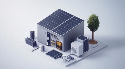 Isometric illustration of a sustainable home with solar panels, energy storage, and heat pump.
