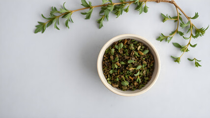 Dried oregano in bowl and green leaves on light grey table, top view. Space for text. Generative AI