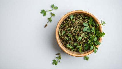 Dried oregano in bowl and green leaves on light grey table, top view. Space for text. Generative AI