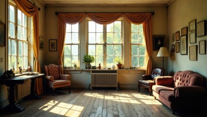 Sunlit Interior with Antique Furniture and Golden Drapes in a Historic Residence