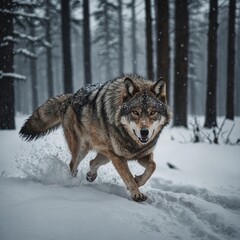 Fototapeta premium A wolf running through a snowy landscape.