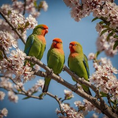 Obraz premium A pair of lovebirds perched on a flowering tree branch.