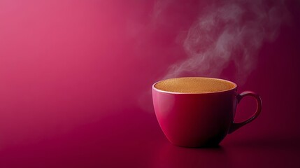 Fototapeta premium Pink coffee cup with steam on a simple pink background creating a minimalistic, warm feel, AI generated