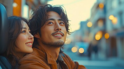 A young couple gazing at the city lights with smiles on their faces.
