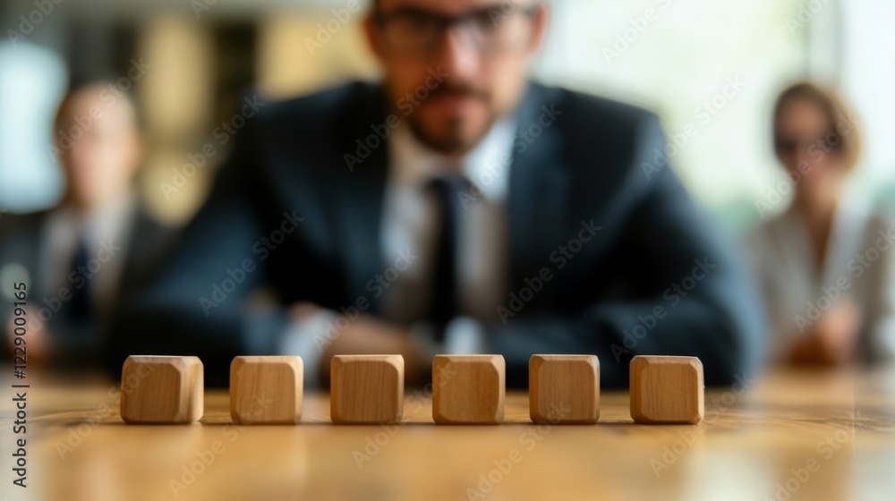 Leinwandbilder a focused businessman in a suit is positioned in front of a row of wooden blocks, with colleagues bl