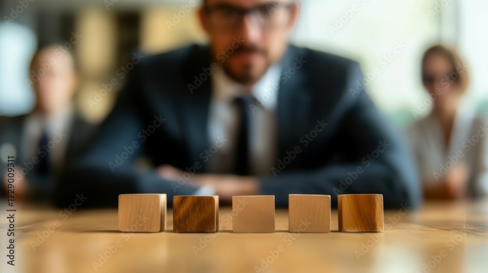 Poster a focused image of a business meeting, highlighting wooden blocks on a table with blurred figures in