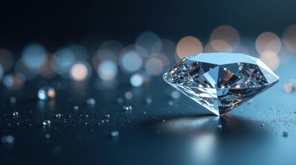 A Sparkling Gemstone Rests on a Dark Surface, Illuminated by Soft, Out-of-Focus Lights, Showcasing its Brilliant Facets and Exquisite Sparkle