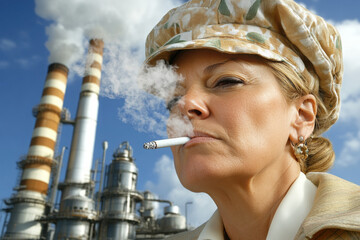 A woman smokes a cigarette with industrial smokestacks in the background, reflecting a blend of defiance and environmental concerns.