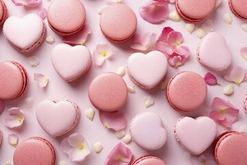 Fototapeta premium Top view of pink round and heart shaped French macaron sweets. KI generiert, generiert AI generated