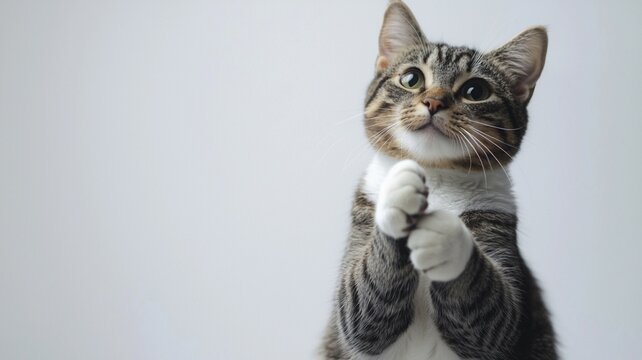 Tabby cat with white paws looking upwards in a playful manner against a white background, animal ai photo, AI generated