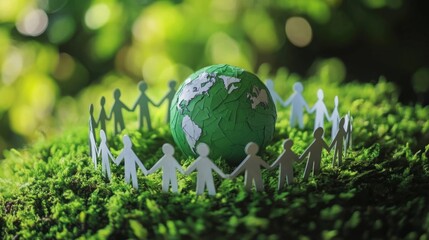 A group of paper figures holds hands around a small, green globe, symbolizing unity and environmental awareness on a lush, green background.