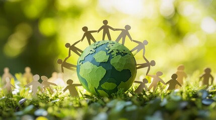 A vibrant globe surrounded by paper cutouts of people holding hands, symbolizing unity and environmental care in a lush, green setting.