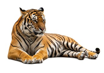 Naklejka premium A majestic Bengal tiger lying down with its front paws extended isolated on a white background