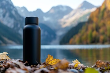 Black insulated water bottle on autumn leaves by a mountain lake.