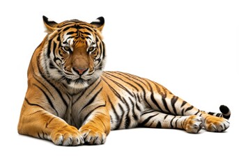 Obraz premium A majestic Bengal tiger lying down with its front paws extended isolated on a white background