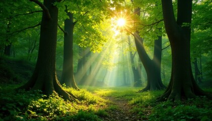 Obraz premium Sunlight streams through the gaps of leafy canopy, natural, serene, forest