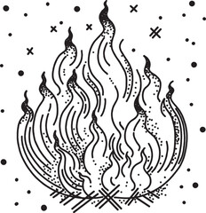 Flames of Imaginat
A drawing, of black flames, burning brightly, on a, pile of firewood, with delicate lines, and decorated with, dots, and small marks, conveying, the power, heat, and movement.