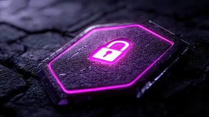 A vibrant pink illuminated lock symbol on a textured surface, symbolizing security and protection.