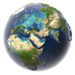 Fototapeta premium Glaciers melted, the amount of water in the oceans has increased and they have flooded the continents. Fantastic prediction of possible future. Earth on a white background