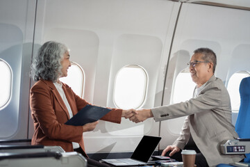 Presenting a business plan, a professional venture capitalist discusses a new project, presenting ideas while sitting on a private jet.